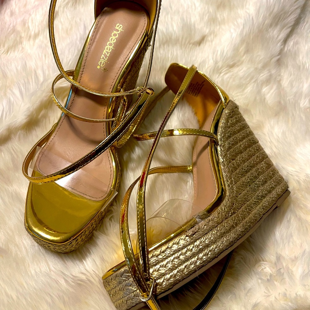 Gold strap wedge heels